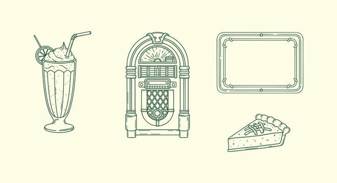 Vintage American Diner Vector Icons Set with Jukebox Milkshake Slice of Pie and Signage Line Art