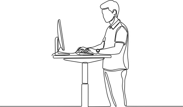 Man Typing on Computer at Standing Desk, Minimalist Line Art