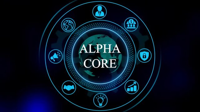 Alpha core digital technology hud interface with rotating globe and business for corporate data visualization