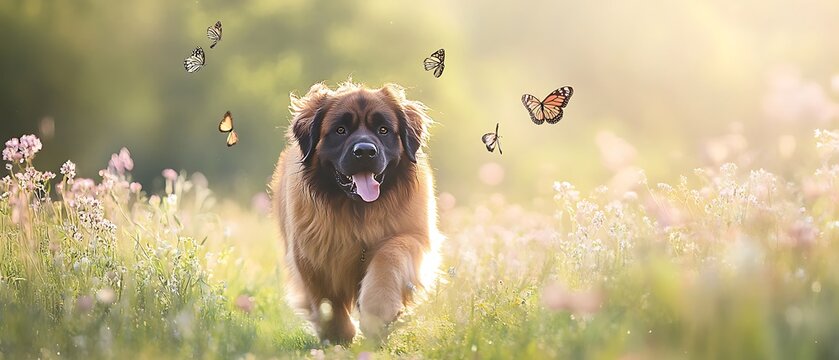 butterflies giant Leonberger walking through meadow with