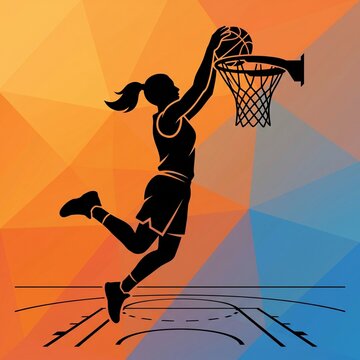 Woman basketball player dunking on court with abstract background, slam dunk