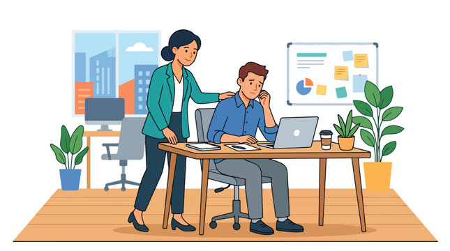Modern flat vector illustration of employee comforting stressed coworker with supportive gesture showing empathy teamwork and workplace care