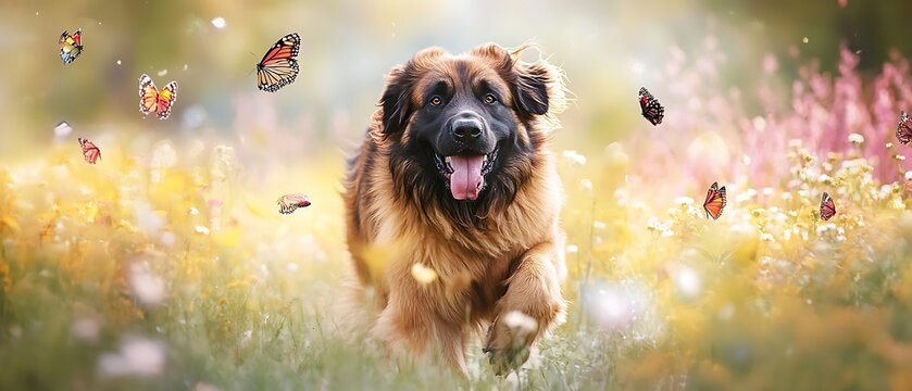 giant Leonberger walking through meadow with butterflies