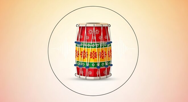 Vibrant dhak drum sound wave in circular frame, red and multicolor red drum multicolor stripes