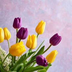 Obraz premium Colorful Tulips in a Vase Against a Pastel Background During Spring Season