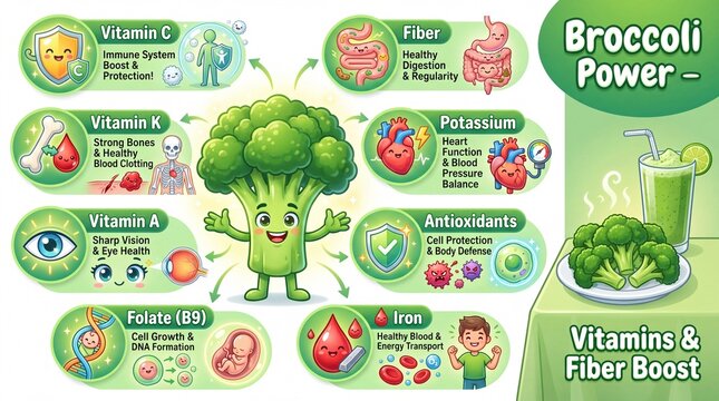 Cute cartoon infographic about the nutritional value of broccoli for kids