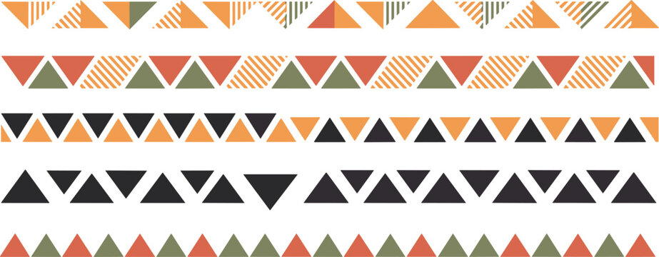 Five Rows Of Geometric Triangle Patterns In Orange Green And Black triangles