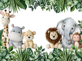 Obraz premium Adorable Jungle Safari Baby Animals Border with Lush Greenery, Perfect for Children's Party Invitations and Decorations