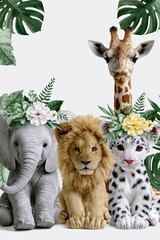 Obraz premium Cute Jungle Baby Animals Wearing Flower Crowns: Elephant, Lion, Snow Leopard, Giraffe