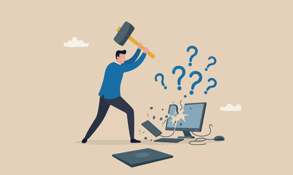 chaos bigger fall overworked or disappointment and mistake concept, frustrated businessman hitting to break computer with hammer