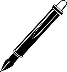 Naklejka premium A stylized, monochrome illustration of a pen, presented against a stark white background. The pen is rendered in solid black, emphasizing its silhouette. It is depicted in a diagonal orientation, tilt