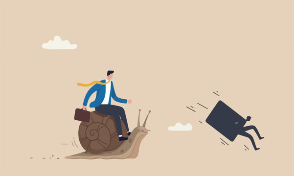 Slow, inefficient bigger one fall stupid mistake, businessman idiot leader riding slow snail never reach goal, losing competition
