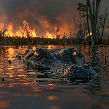 An alligator rises above the water's surface, starkly contrasting with the intense wildfires raging in the Everglades behind it