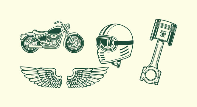 Vintage Motorcycle Elements Set with Classic Chopper Helmet Piston and Angel Wings Vector Graphic