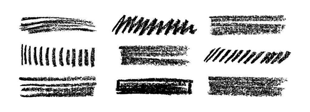 Hand drawn crayon scribble pencil lines, chalk stroke, squiggles. Vector charcoal swirls, marker, pen, brushstroke on doodle style lines. Horizontal underline strokes with rough edges collection