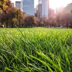 Obraz premium Morning Light Shines on Green Grass in City Park With Tall Buildings in Background