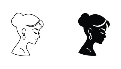 Profile portrait of elegant woman with bun hairstyle in minimalist line art and solid black silhouette vector design © Pixel