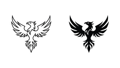 Obraz premium Aggressive phoenix bird rising in flight vector icon set in outline and solid black silhouette for sports team branding or mythology themes