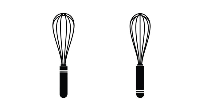 Two kitchen whisks black silhouette on white background high quality professional