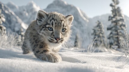 Fototapeta premium Snow leopard cub walking in snowy landscape