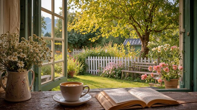 Coffee cup and open book near open window, sunny cottage garden view, peaceful morning