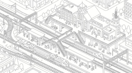 Fototapeta premium Isometric illustration of a bustling train station with multiple platforms, tracks, and trains, showcasing urban transportation infrastructure.
