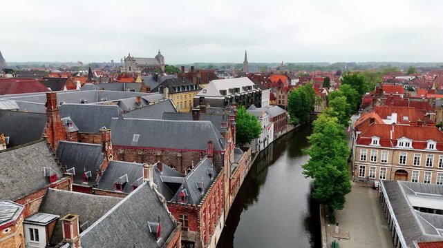 Aerial View of St. Walburga Church and Historic Rooftops in Bruges Belgium