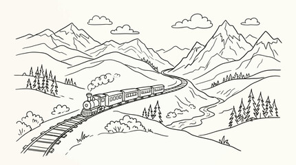 Obraz premium A scenic black and white line drawing depicts a vintage steam train winding its way through a majestic mountain landscape with a river flowing alongside the tracks.
