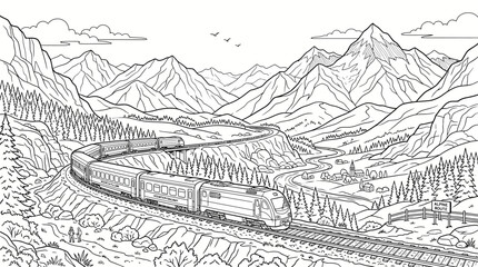 Obraz premium A scenic coloring book illustration of a long passenger train winding through a majestic mountain valley with pine trees and a winding river.