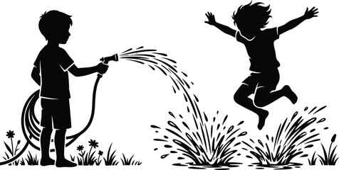 Children playing with water hose black silhouette on white background © MDMAHABUBUR