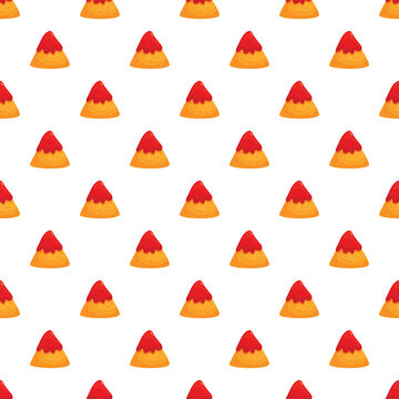 Nacho chips with salsa topping repeating as a fun food pattern on a white background