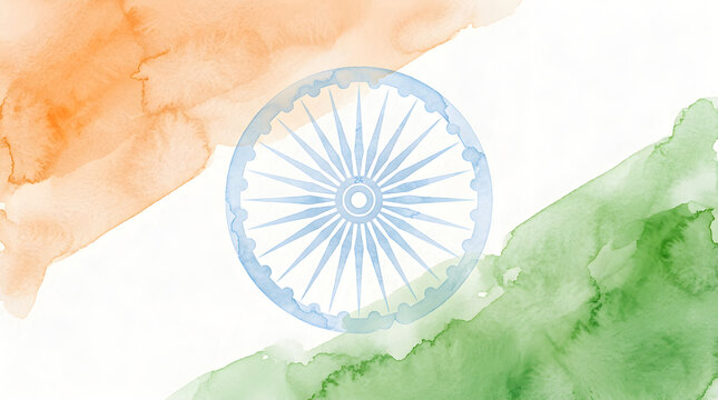 Watercolor illustration of the Indian flag with orange white green colors and Ashoka chakra design