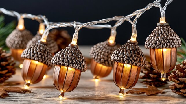 Cozy Autumn Acorn String Lights Illuminating a Rustic Fall Decorative Scene