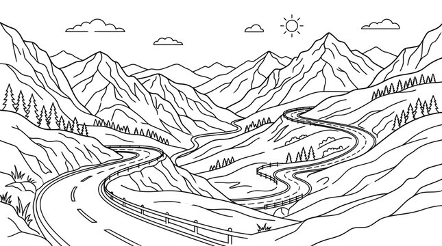 A winding mountain road snakes through a majestic valley under a bright sun and scattered clouds.