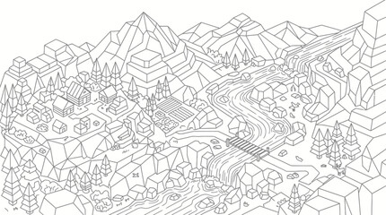 Obraz premium Isometric low-poly illustration of a serene mountain village with a winding river and lush forest scenery.