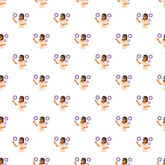 Obraz premium Woman wearing vr headset interacting with digital circles in a seamless pattern