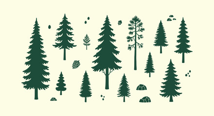 Fototapeta premium Green Pine Tree Silhouette Collection with Fir, Spruce, Pinecones, and Rocks on Cream Background