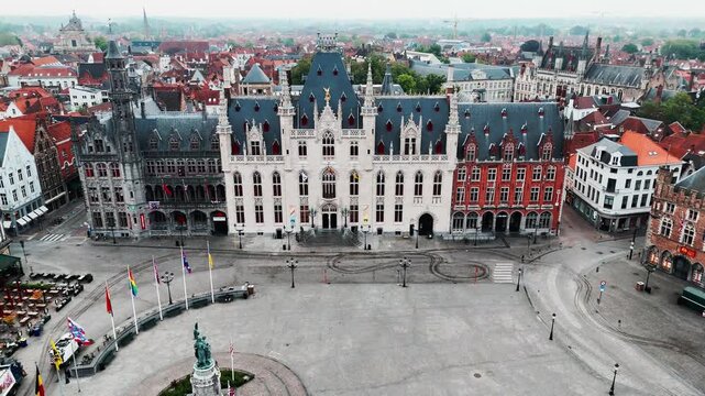 Aerial View of Grote Markt Square and Provincial Court at Dawn in Bruges Belgium