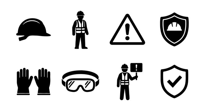 Construction Safety Icons, Personal Protective Equipment Set, Workplace Hazard Symbols, Industrial Security Vector