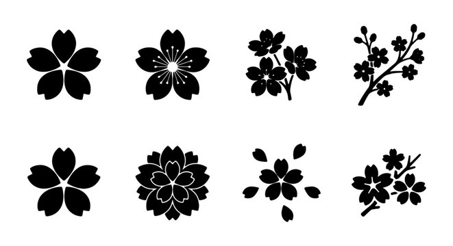 Black Cherry Blossom Vector Icons, Floral Silhouette Elements, Spring Nature Graphics, Delicate Flower Designs