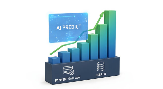 bar graph with ai prediction overlay and payment gateway user database icons