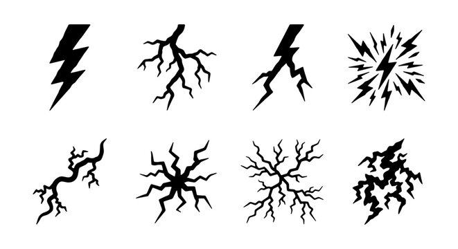 Lightning Bolt Icons, Electric Shock Symbols, Thunderstorm Energy Graphics, Power Strike Vector Set