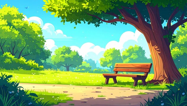 Peaceful park bench under tree