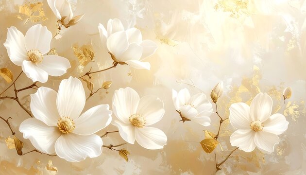 Delicate White Magnolia Blossoms Blooming on Branches in Soft Beige Floral Background