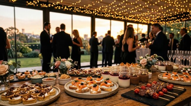Elegant evening reception with gourmet catering and city skyline view