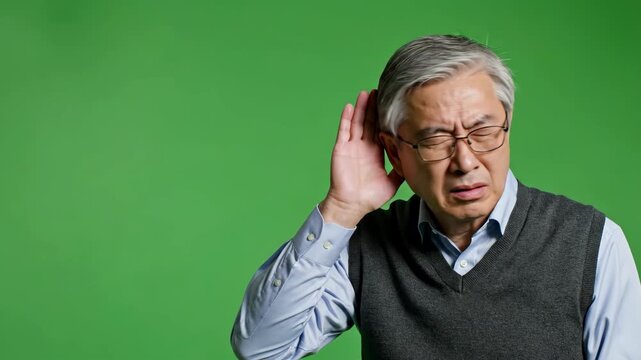 senior asian man with glasses holding hand to ear against green screen background. elderly male struggling to hear. deafness, aging concept. medical healthcare presentation, communication issue.
