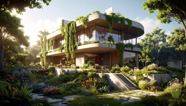 Rumah modern ramah lingkungan dengan taman vertikal dan lanskap yang rimbun