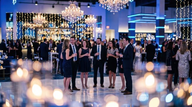 Elegant gala event with guests in formal attire sparkling lights and modern venue decor