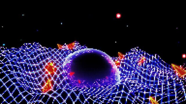 Futuristic 3D blue synthwave wireframe grid with dome or sphere against starry space background