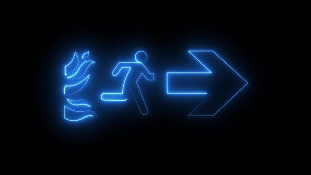 Animated neon exit sign showing fire hazard and emergency evacuation on black background